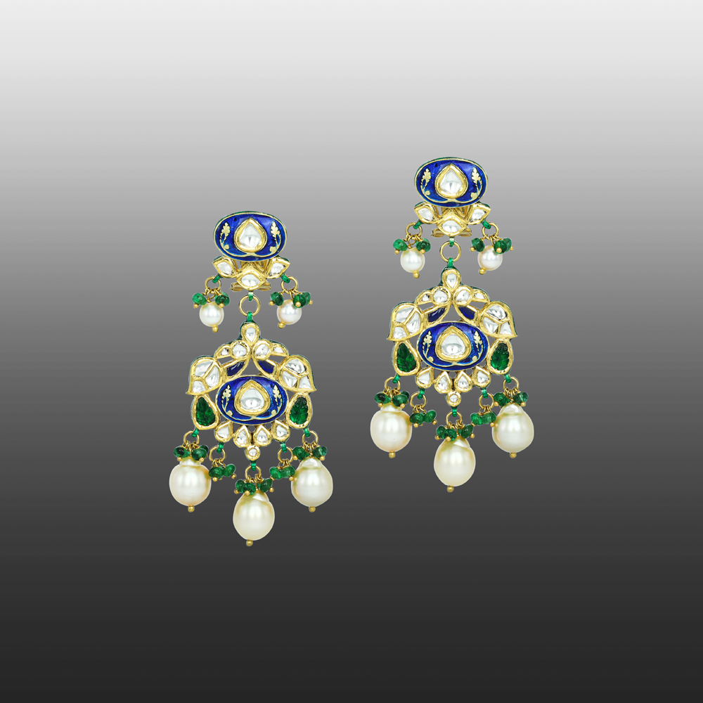 Blue Enamel Jadau Earrings with Polki, Emeralds, and Pearls
